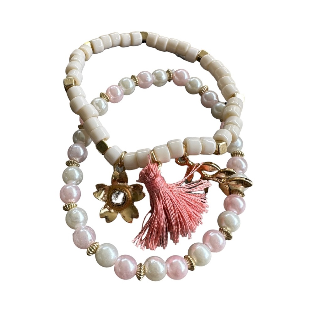 2 Piece Cream and Pink Beaded Stretch Bracelets
